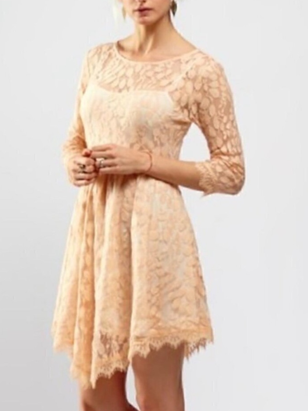 Free People Lace Scalloped Trim Mini Dress Soft Creamy Nude Peach Size 4 - Picture 2 of 5